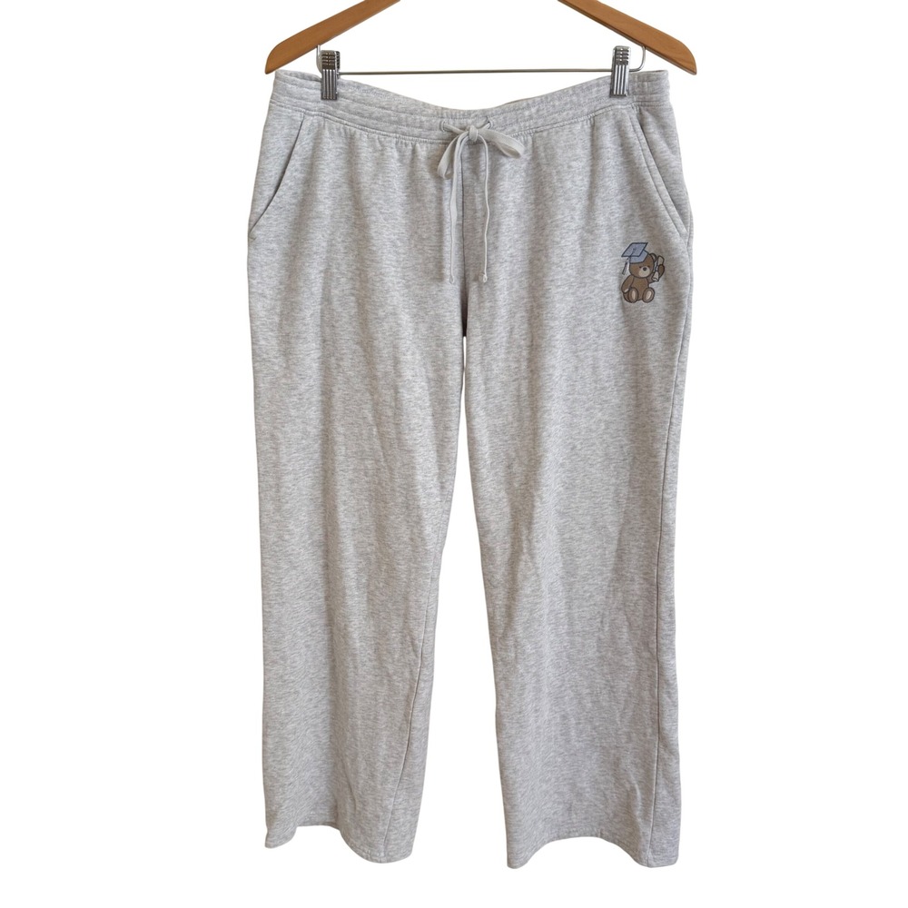Hollister Womens Large Gray Graduation Teddy Bear Wide Leg Sweatpants 28" inseam